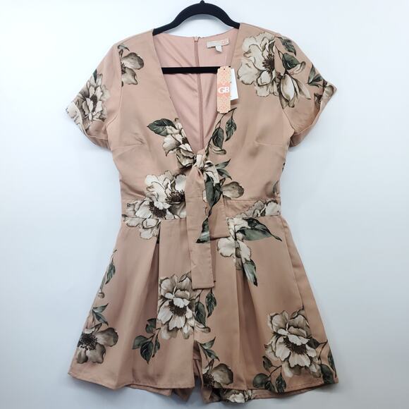 Gianni Bini Sand Floral Front Tie Romper Shorts Small New - Picture 1 of 14